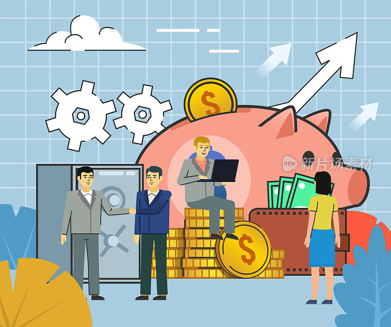 Profitable deal, successful deposit, income, savings growth. People stand near big piggy bank, money. Poster for presentation, web page, banner, social media